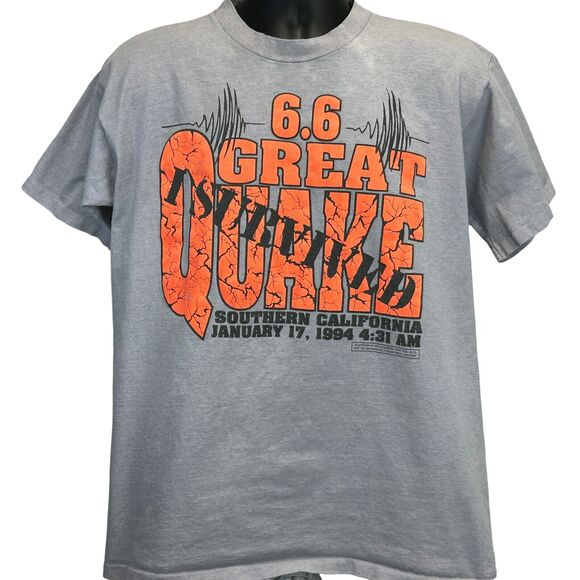 Vintage 90s 1994 California Great Earthquake T Shirt Survived Gray Mens L Large - Picture 2 of 9